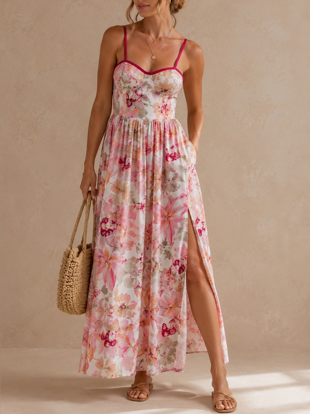 Band Of The Free Floral Bustier Maxi Dress Pink Tropical Boho Cottagecore S NWT
